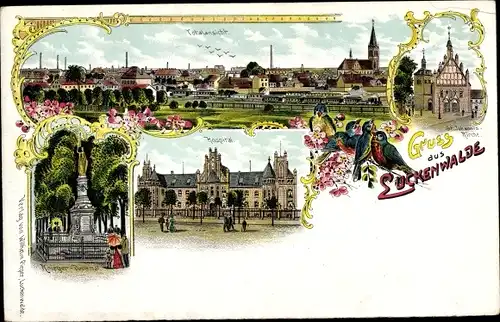 Litho Luckenwalde in Brandenburg, St. Johannis-Kirche, Kriegerdenkmal, Hospital, Totalansicht