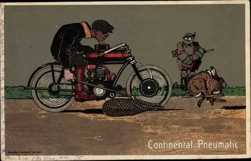 Ak Continental Pneumatic, Reklame, Mann auf Motorrad bei der Hasenjagd