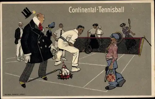 Ak Continental Tennisball, Tennisspiel, Unfall, Mann mit Blumenstrauß kriegt den Ball ab