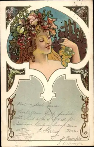 Passepartout Litho Portrait einer Frau, Weintrauben, Wein