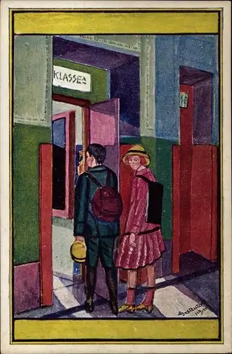 Künstler Ak Wolf, G., Freie Neue Jugend, Schule, An der Schultür