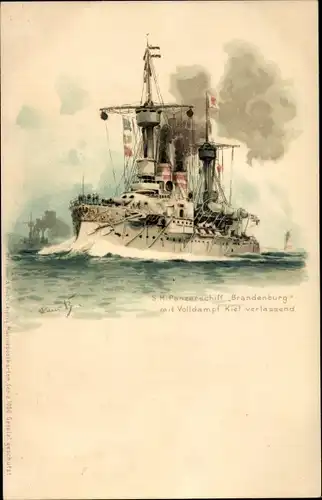 Künstler Litho Bohrdt, Hans, Deutsches Kriegsschiff, SMS Brandenburg, Panzerschiff