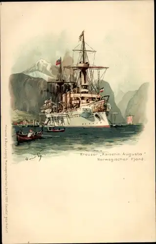 Künstler Litho Bohrdt, Hans, Deutsches Kriegsschiff, Kreuzer Kaiserin Augusta, Norwegischer Fjord