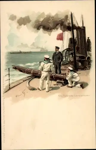 Künstler Litho Bohrdt, Hans, Am Torpedo Lancierrohr, Deutsche Seeleute, Kriegsschiff