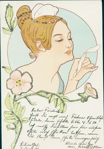 Litho Portrait einer Frau, Blumen, Glitzer, Brief