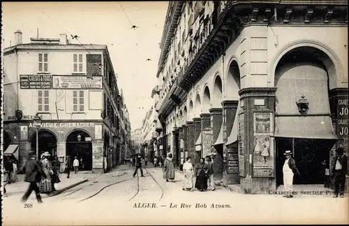 Ak Algier Alger Algerien, La Rue Bab Azoum, Arkaden, Cafe du Vieux Grenadier