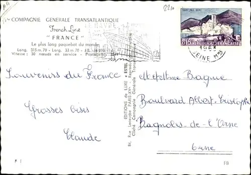 Ak Paquebot France, Dampfschiff auf See, CGT, French Line