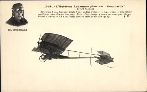 Ak Französisches Flugzeug, L'Aviateur Audemars pilotant une Demoiselle, Bayard Clement