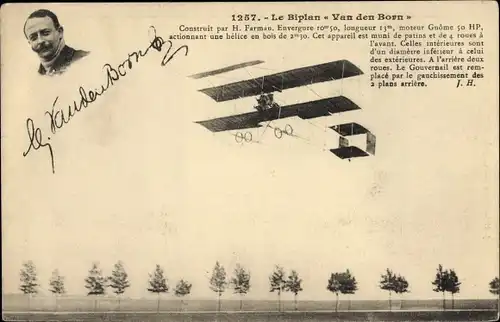 Ak Biplan Van den Born, Flugzeug im Flug, Pilot, Flugpionier