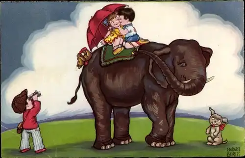 Künstler Ak Boriss, M., Liebespaar auf einem Elefanten reitend, Hund