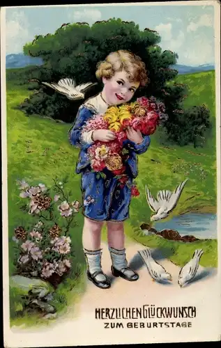 Ak Glückwunsch Geburtstag, Kind mit Blumenstrauß, Tauben