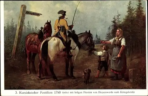 Künstler Ak Müller, G., Kursächsischer Postillion 1790 reitet mit ledigen Pferden von Hoyerswerda
