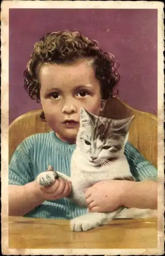 Ak Kind mit Katze, Kind-Portrait, Tier-Portrait