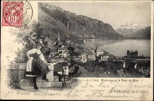 Ak Montreux Kanton Waadt, Ville, Femme, Dent du Midi, Frau in Tracht, Panorama