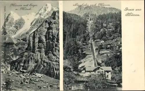 Ak Mürren Kanton Bern Schweiz, Mürren mit Eiger u. Mönch, Bergbahn nach Mürren