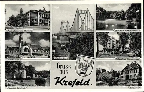 Ak Krefeld am Niederrhein, Rheinstraße, Hauptbahnhof, Museum, Rheinbrücke, Burg Linn, Ostwall