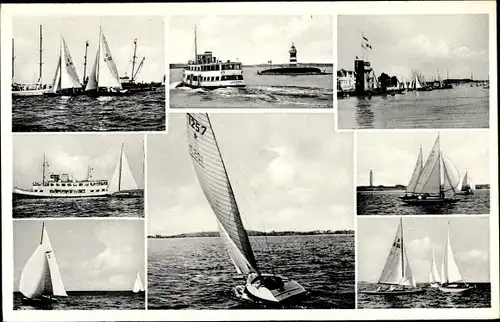 Ak Kiel Schleswig Holstein, Kieler Förde, Leuchtturm, Segelboote, Fähren