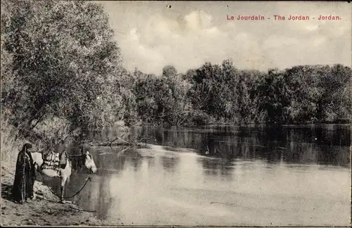 Ak Israel, Jordan, Mann mit Pferd am Fluss