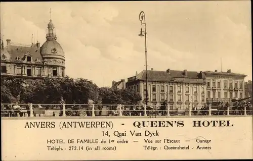 Ak Anvers Antwerpen Flandern Belgien, Queen's Hotel, 14 Quai van Dyck