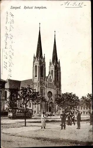 Ak Szeged Segedin Ungarn, Rokusi templom, Kirche, Straßenbahn