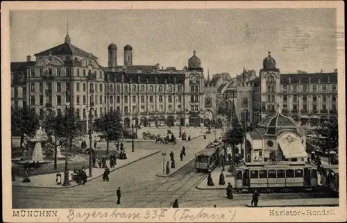 Ak München, Karlstor-Rondell, Brunnen, Straßenbahn