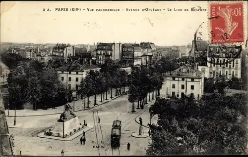 Ak Paris XIV Observatoire, Vue Panoramique, Avenue d'Orleans, Le Lion de Belfort