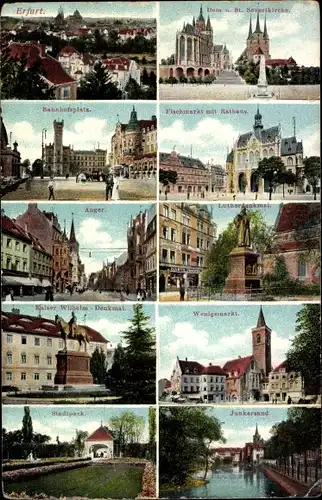 Ak Erfurt in Thüringen, Dom, Severikirche, Bahnhofsplatz, Wenigemarkt, Stadtpark, Fischmarkt, Anger