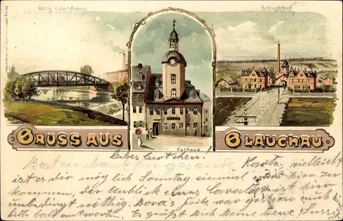 Litho Glauchau an der Zwickauer Mulde in Sachsen, König Albert Brücke, Rathaus, Schlachthof