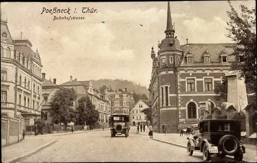 Ak Pößneck in Thüringen, Bahnhofstraße, Autobus