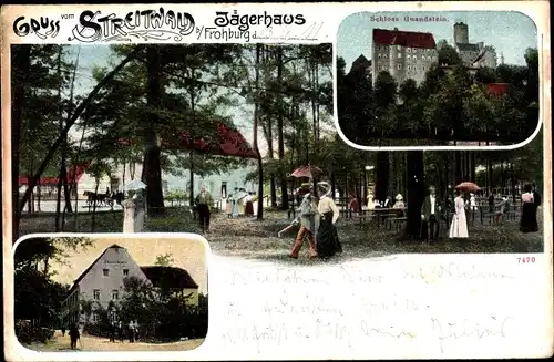 Litho Gnandstein Kohren Sahlis in Sachsen, Schloss, Jägerhaus Streitwald, Gäste im Garten