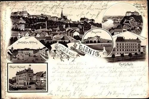 Litho Leisnig an der Freiberger Mulde Sachsen, Stadtansichten, Marktplatz, Postamt, Kaserne