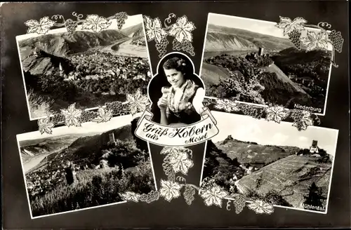 Ak Kobern an der Mosel, Panoramen, Niederburg, Mühlental, Frau mit Weinglas