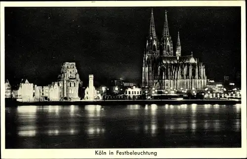 Ak Köln am Rhein, Teilansicht bei Nacht mit Festbeleuchtung, Dom