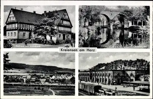 Ak Kreiensen Einbeck, Leinebrücke, Rathaus mit Volksbank, Bahnhof Ostseite, Teilansicht