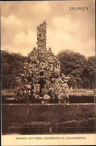 Ak Erlangen in Mittelfranken Bayern, Brunnen der franz. Emigranten im Schlossgarten