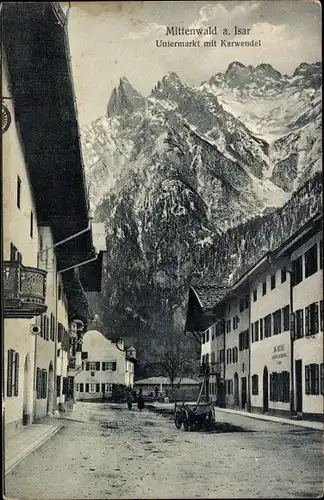 Ak Mittenwald in Oberbayern, Untermarkt mit Karwendel