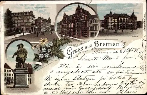 Litho Hansestadt Bremen, Börse, Hillmanns Hotel, Gustav Adolf Denkmal, Gewerbehaus