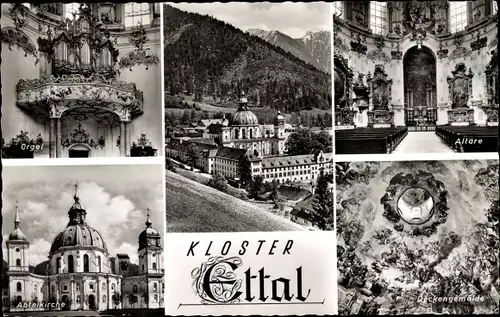 Ak Ettal Oberbayern, Kloster, Altäre, Orgel, Deckengemälde, Abteikirche