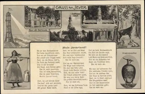 Ak Jever in Oldenburg Friesland, Gedicht, Haus der Getreuen, Großherzogl. Schloss, Maria Denkmal