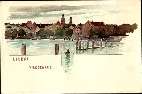 Künstler Litho Voellmy, Lindau Bodensee, Wasserblick zur Ortschaft, Anlegestelle