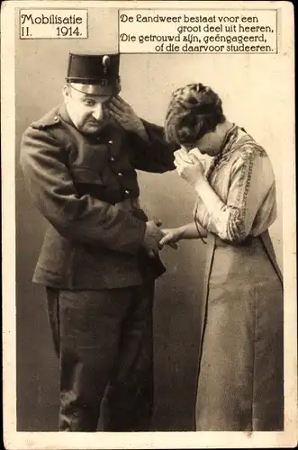 Ak Niederländischer Soldat, Weinende Frau, Abschied, Mobilisatie 1914