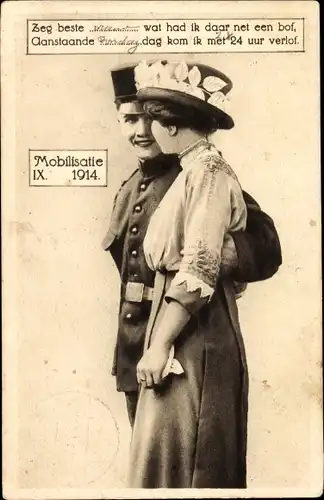 Ak Niederländischer Soldat, Geliebte Frau, Liebespaar, Mobilisatie 1914