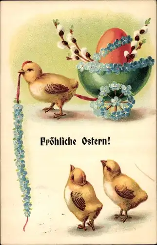 Präge Ak Glückwunsch Ostern, Küken, Vergissmeinnicht, Weidenkätzchen, Osterei