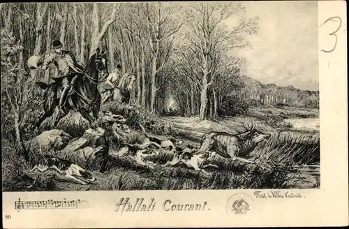 Künstler Ak Delinge, J., Hallali Courant, Jagd, Jäger, Jagdhunde, Hirsch