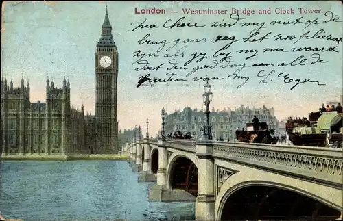 Ak London City England, Westminster Bridge and Clock Tower