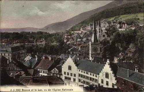 Ak Biel Bienne Kt Bern, Panorama et le Lac, vu de l'Eglise Nationale