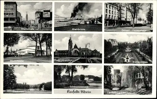 Ak Krefeld am Niederrhein, Rheinstraße, Hauptbahnhof, Rheinbrücke, Ostwall, Bismarckplatz, Burg Linn
