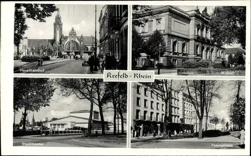 Ak Krefeld am Niederrhein, Hauptbahnhof, Museum, Stadttheater, Passagehaus