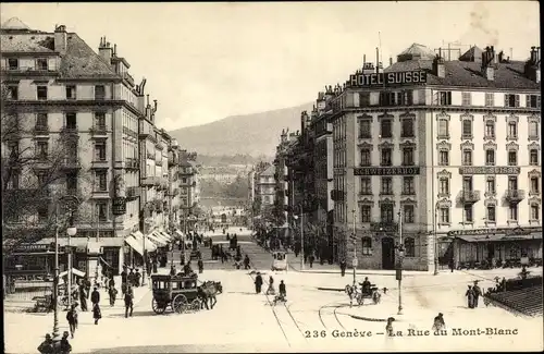 Ak Genève Genf Stadt, La Rue du Mont Blanc, Kutsche, Hotel Suisse