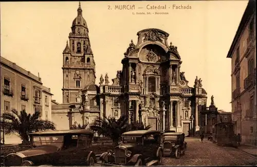 Ak Murcia Stadt Spanien, Catedral, Fachada, Automobile
